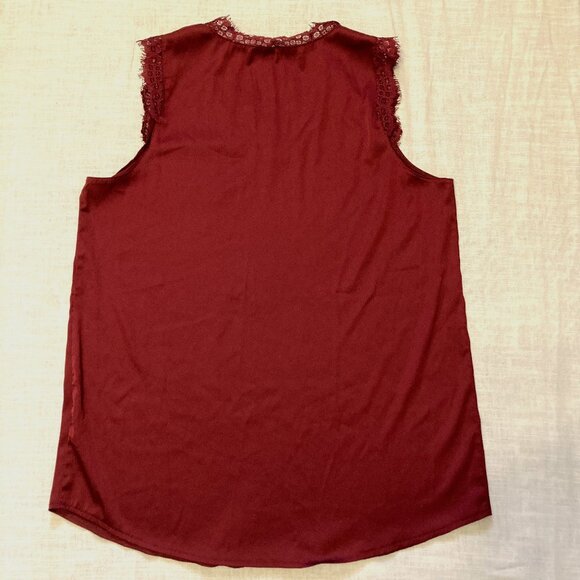 NWOT, SZ M, BURGUNDY, Satin Eyelash Trimmed Tank - Picture 4 of 5